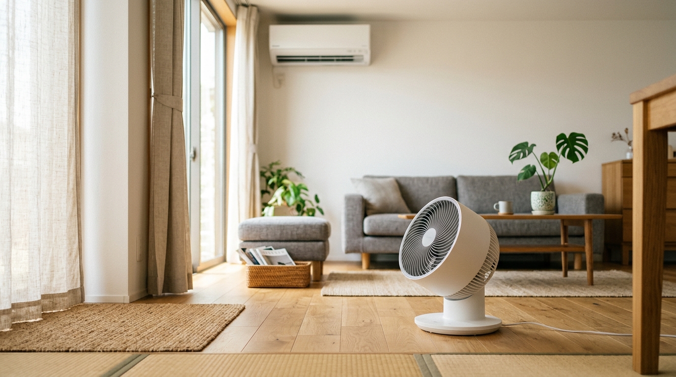 梅雨・夏のサーキュレーター完全ガイド：正しい置き場所とエアコン組み合わせで電気代を月1,000円下げる方法